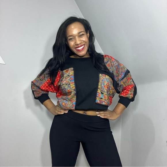 Vintage crewneck patchwork quilted sweatshirt bandana Paisley Statement Top - Picture 4 of 8